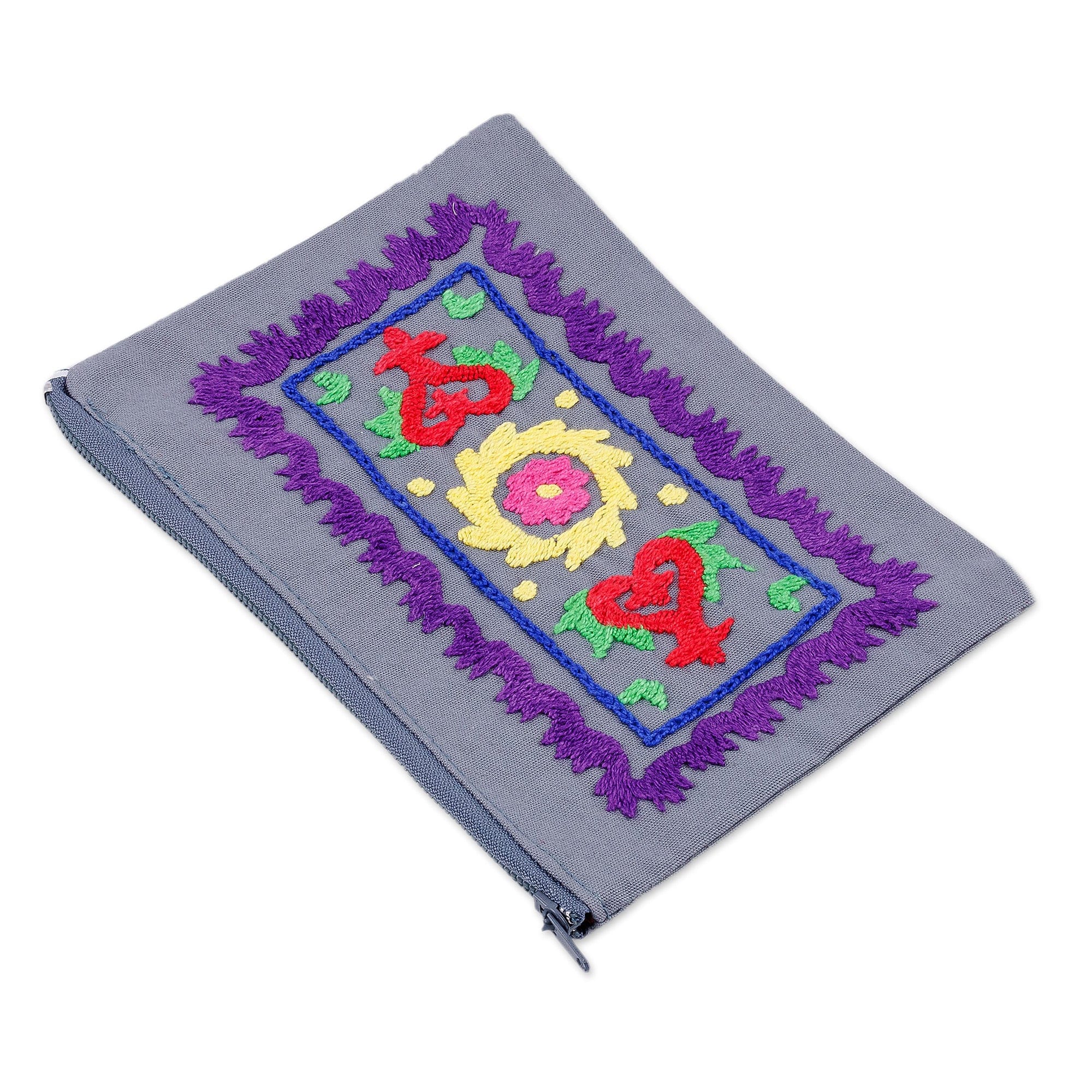 Blue Cotton Cosmetic Bag with Suzani Hand-Embroidered Motifs - Chic Style