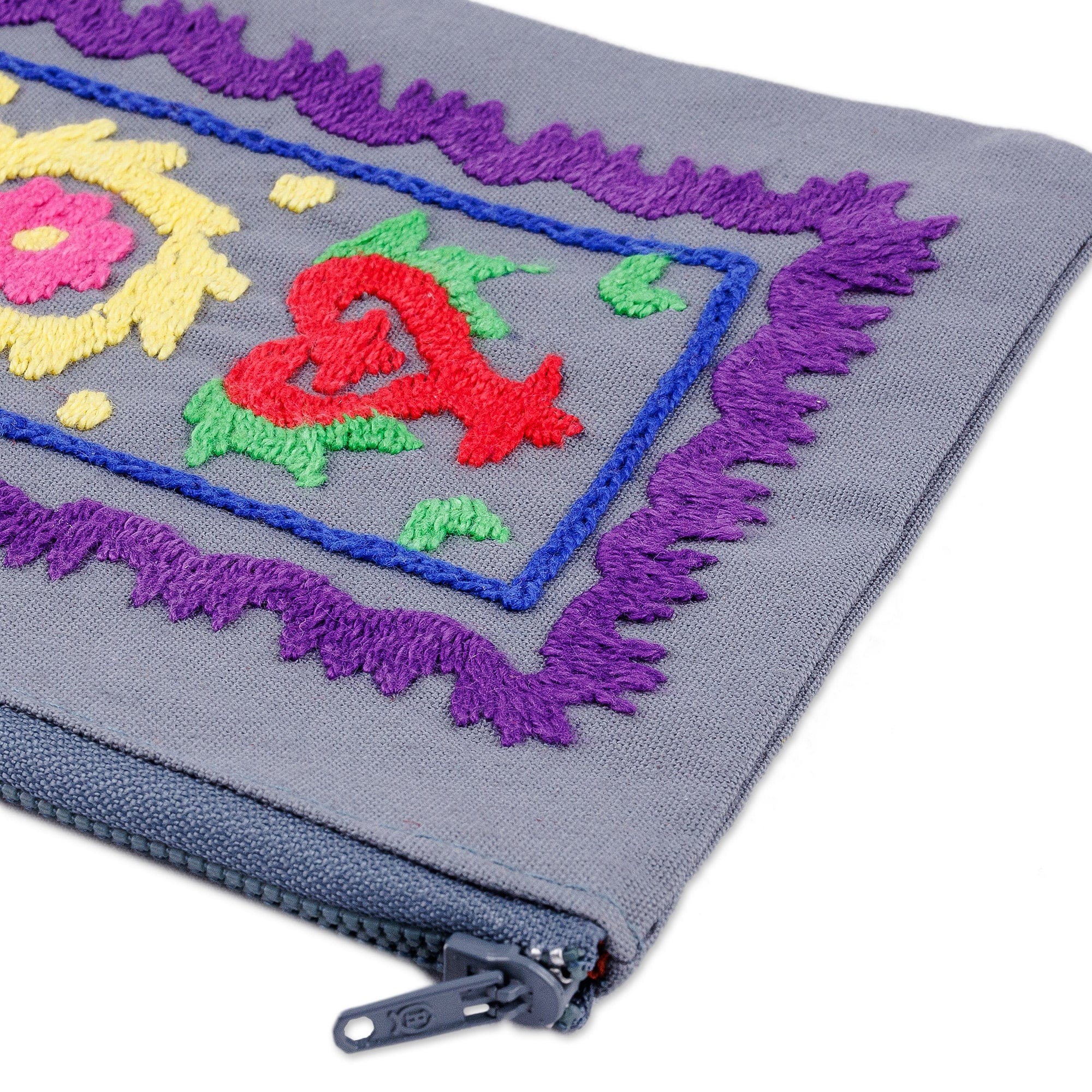 Blue Cotton Cosmetic Bag with Suzani Hand-Embroidered Motifs - Chic Style