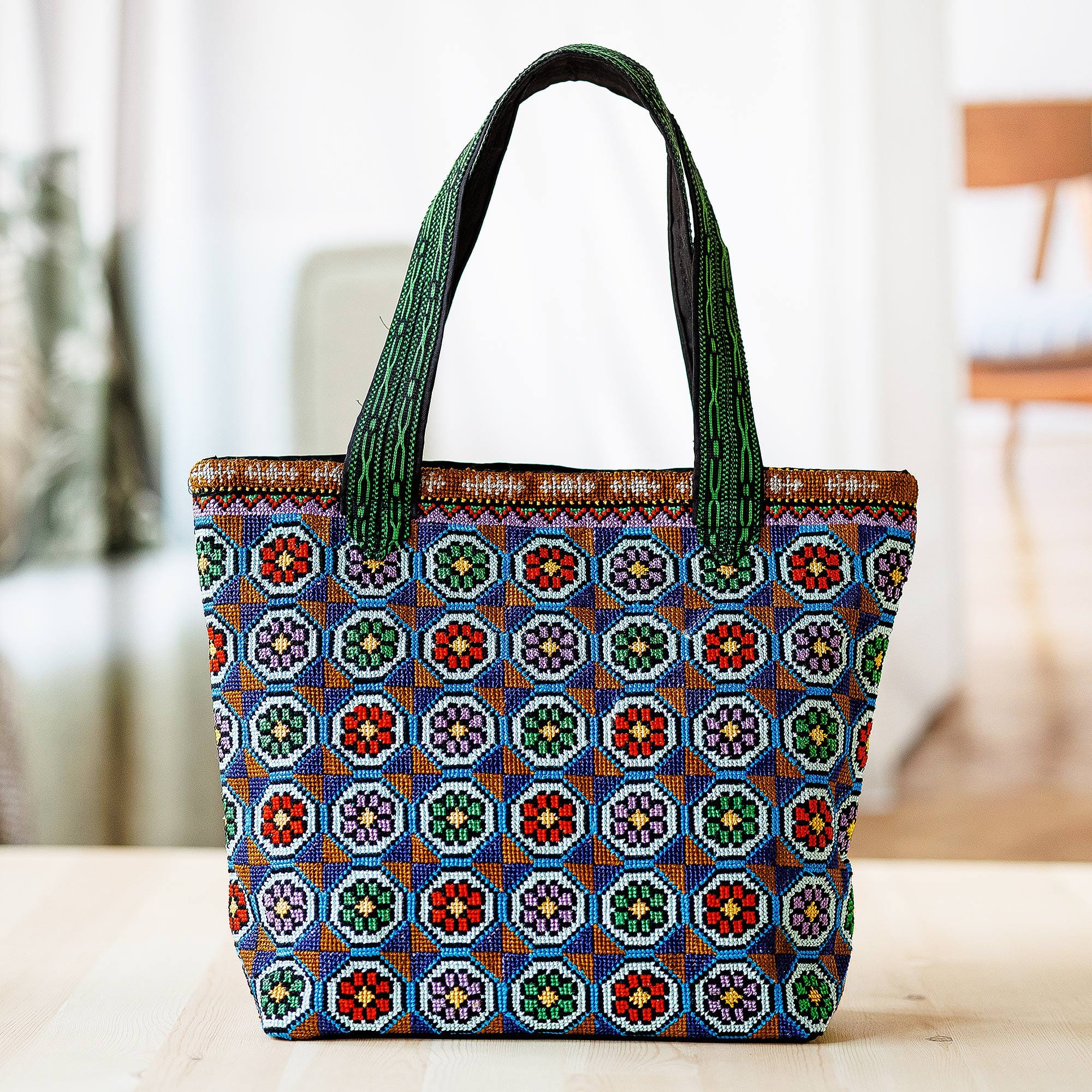 Floral Mosaic-Themed Iroki Embroidered Tote Bag - Blooming Days