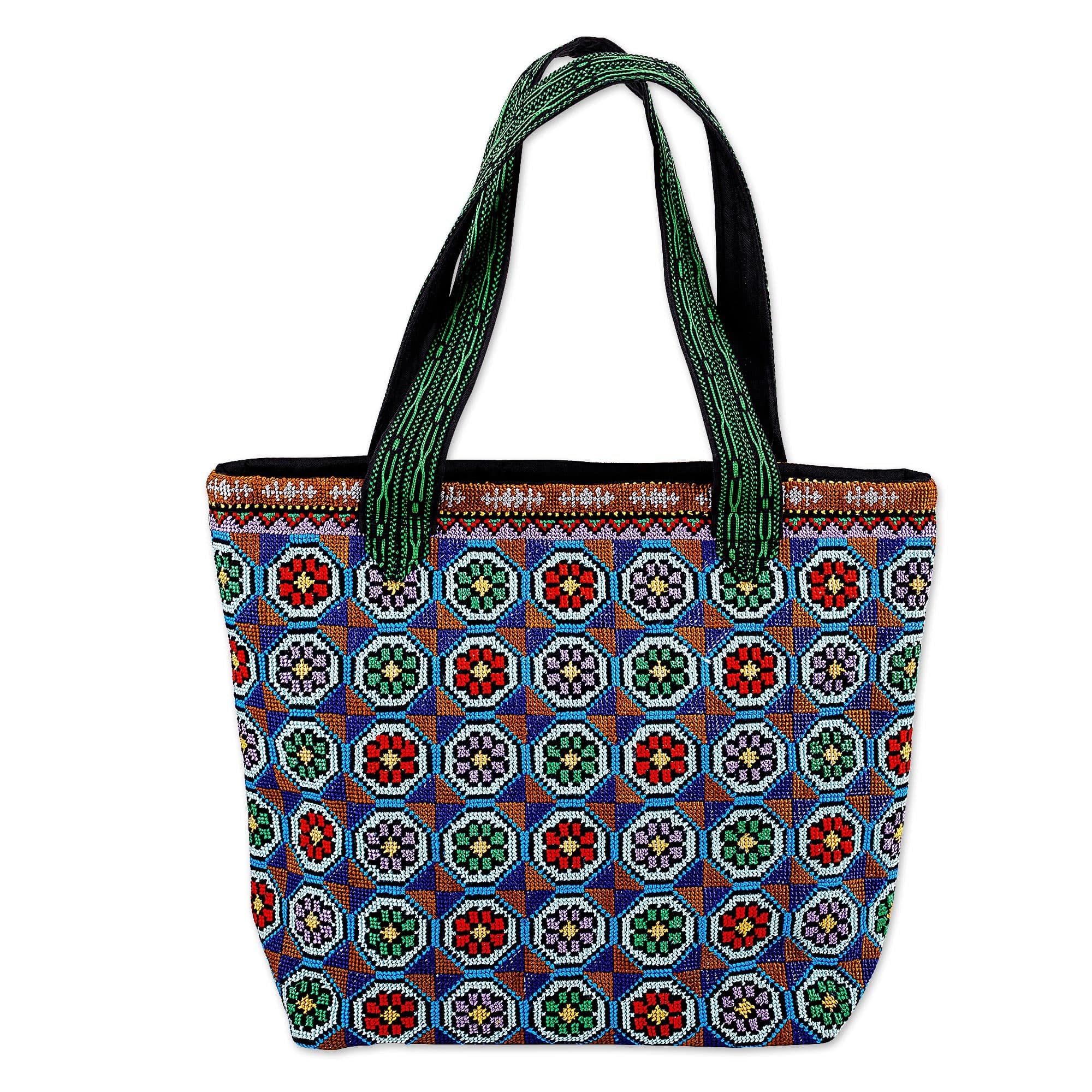 Floral Mosaic-Themed Iroki Embroidered Tote Bag - Blooming Days