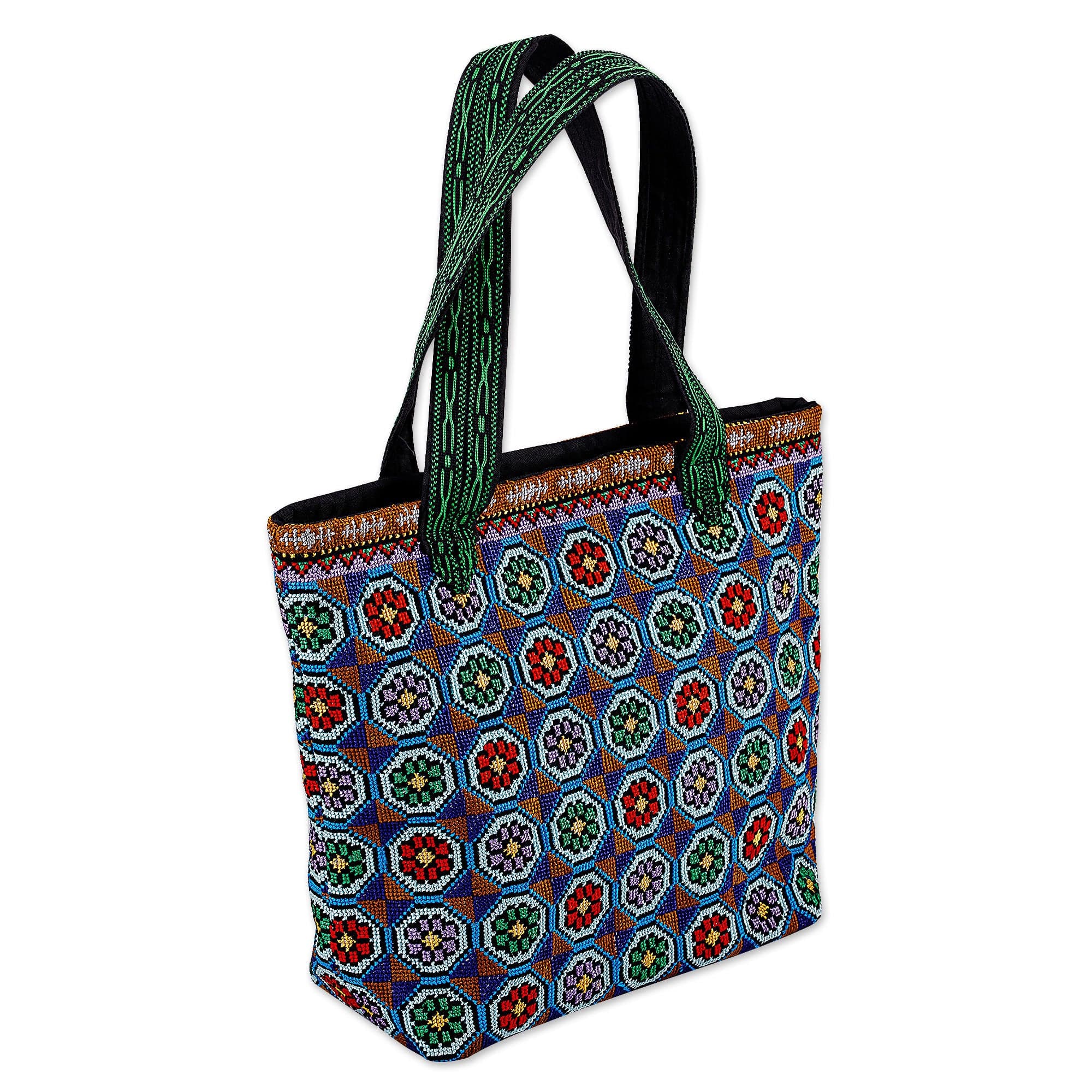 Floral Mosaic-Themed Iroki Embroidered Tote Bag - Blooming Days