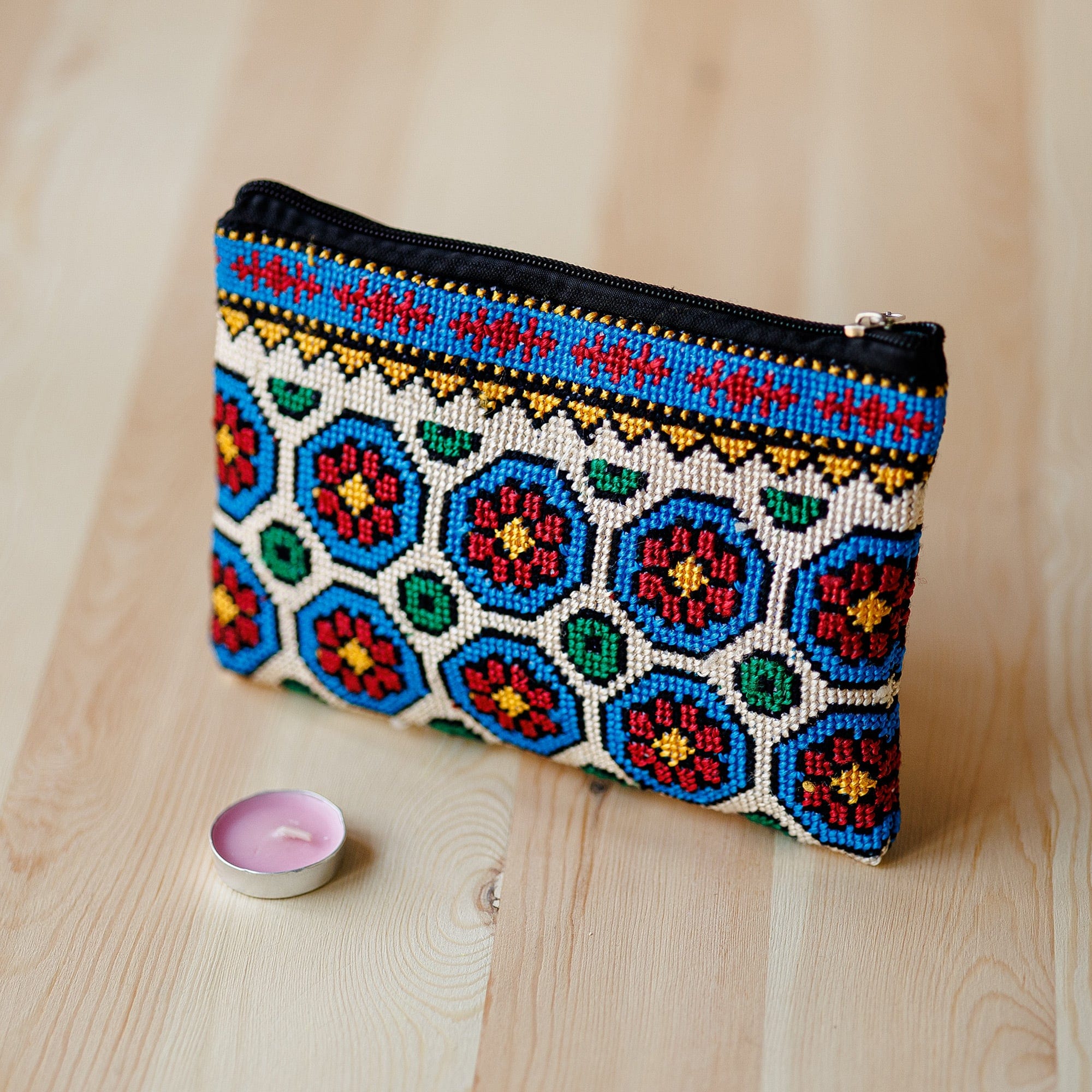 Floral Patterned Embroidered Cosmetic Bag in Bright Hues - Arcadia in Heaven