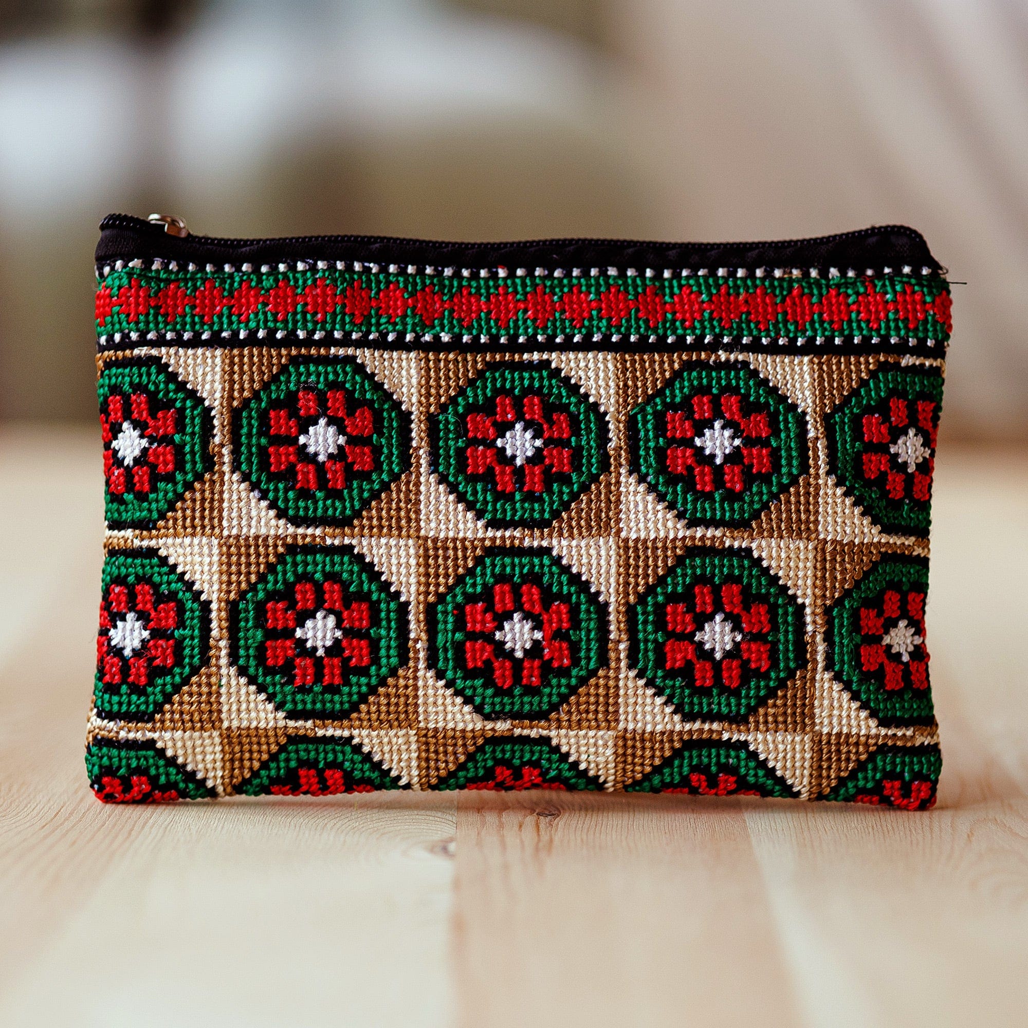 Floral Patterned Embroidered Cosmetic Bag in Earthy Hues - Arcadia in Earth