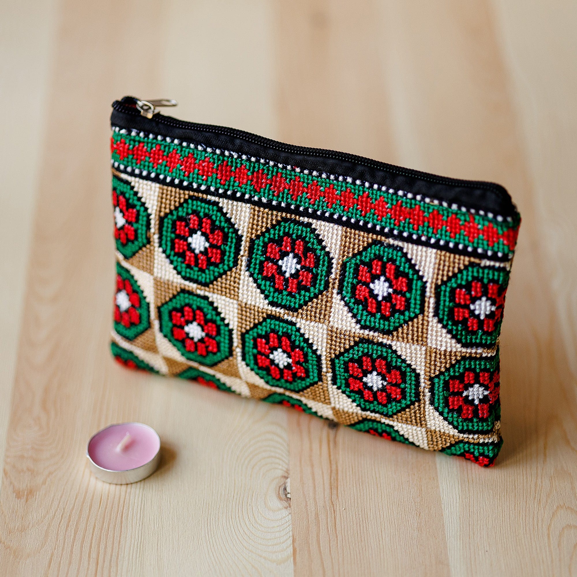 Floral Patterned Embroidered Cosmetic Bag in Earthy Hues - Arcadia in Earth