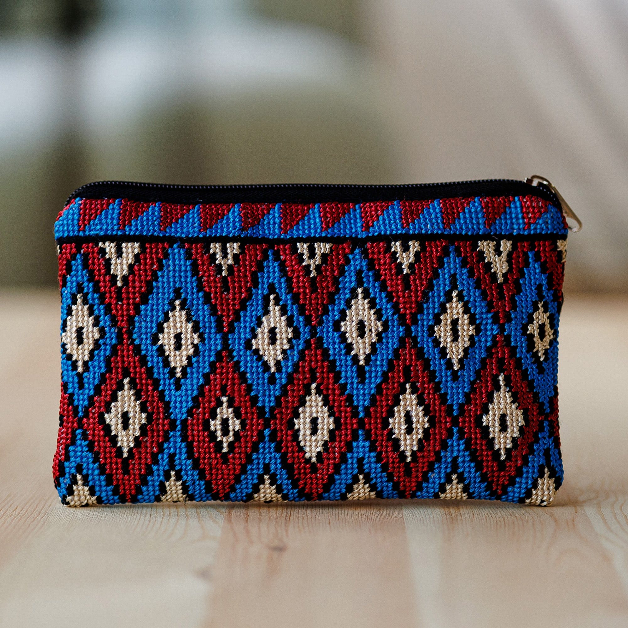 Geometric Patterned Embroidered Cosmetic Bag in Red and Blue - Paradise Geometry