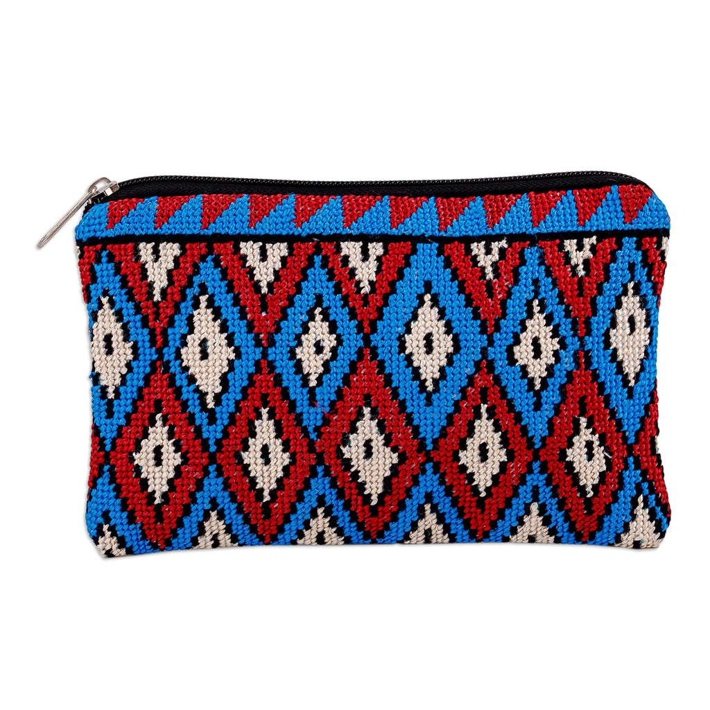 Geometric Patterned Embroidered Cosmetic Bag in Red and Blue - Paradise Geometry