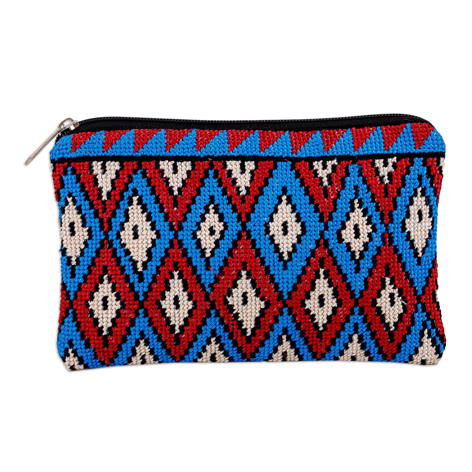 Geometric Patterned Embroidered Cosmetic Bag in Red and Blue - Paradise Geometry