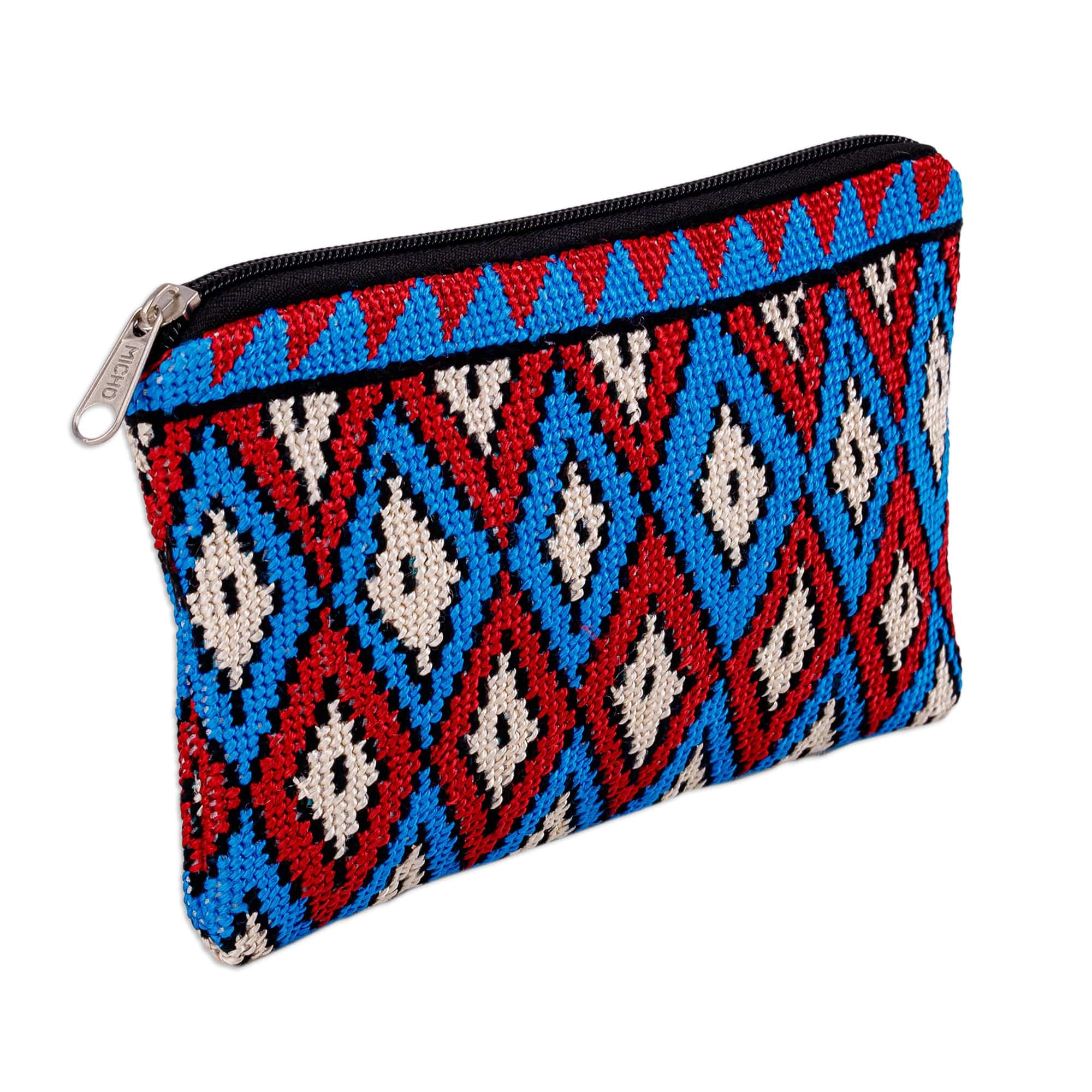 Geometric Patterned Embroidered Cosmetic Bag in Red and Blue - Paradise Geometry