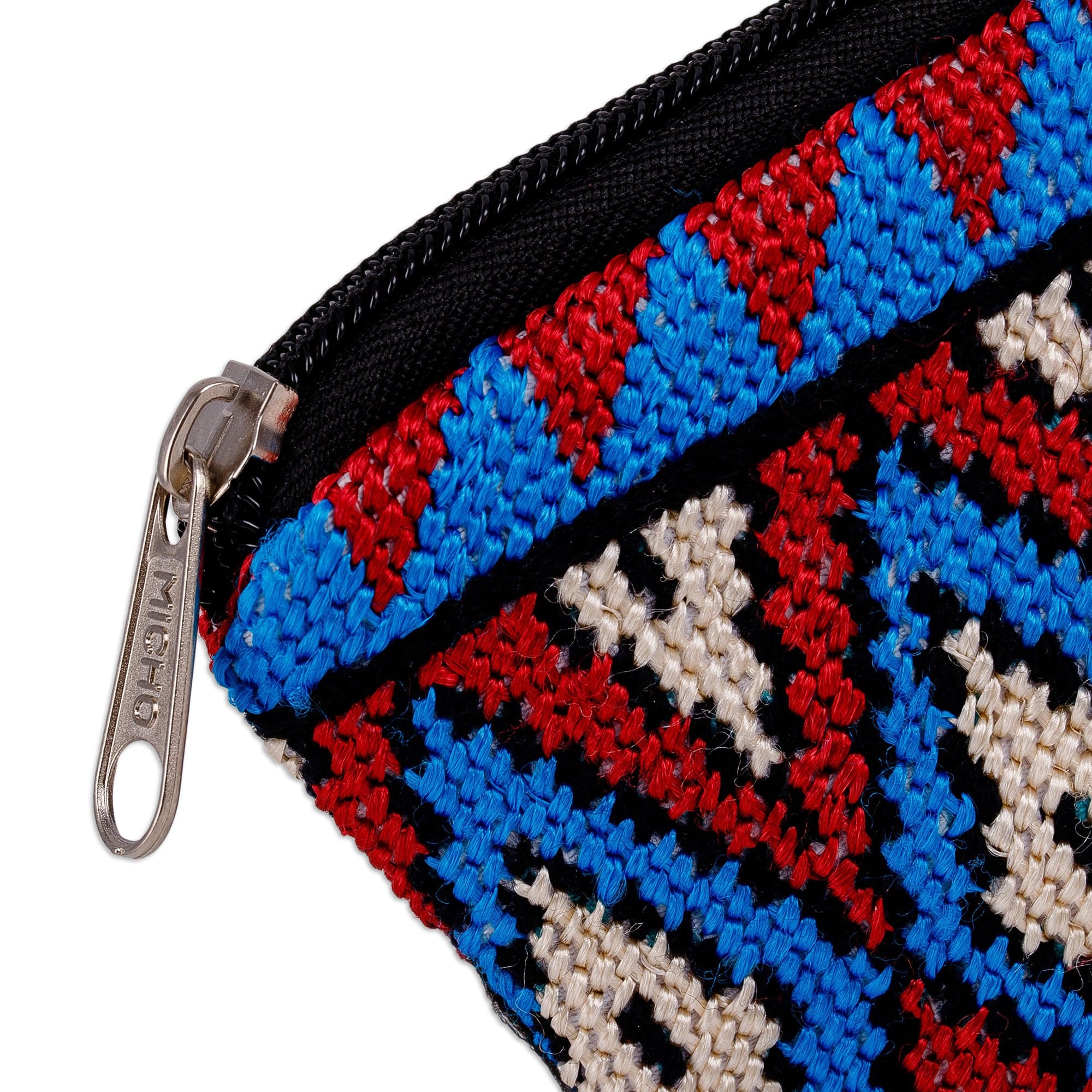 Geometric Patterned Embroidered Cosmetic Bag in Red and Blue - Paradise Geometry