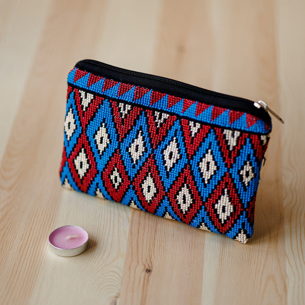 Geometric Patterned Embroidered Cosmetic Bag in Red and Blue - Paradise Geometry
