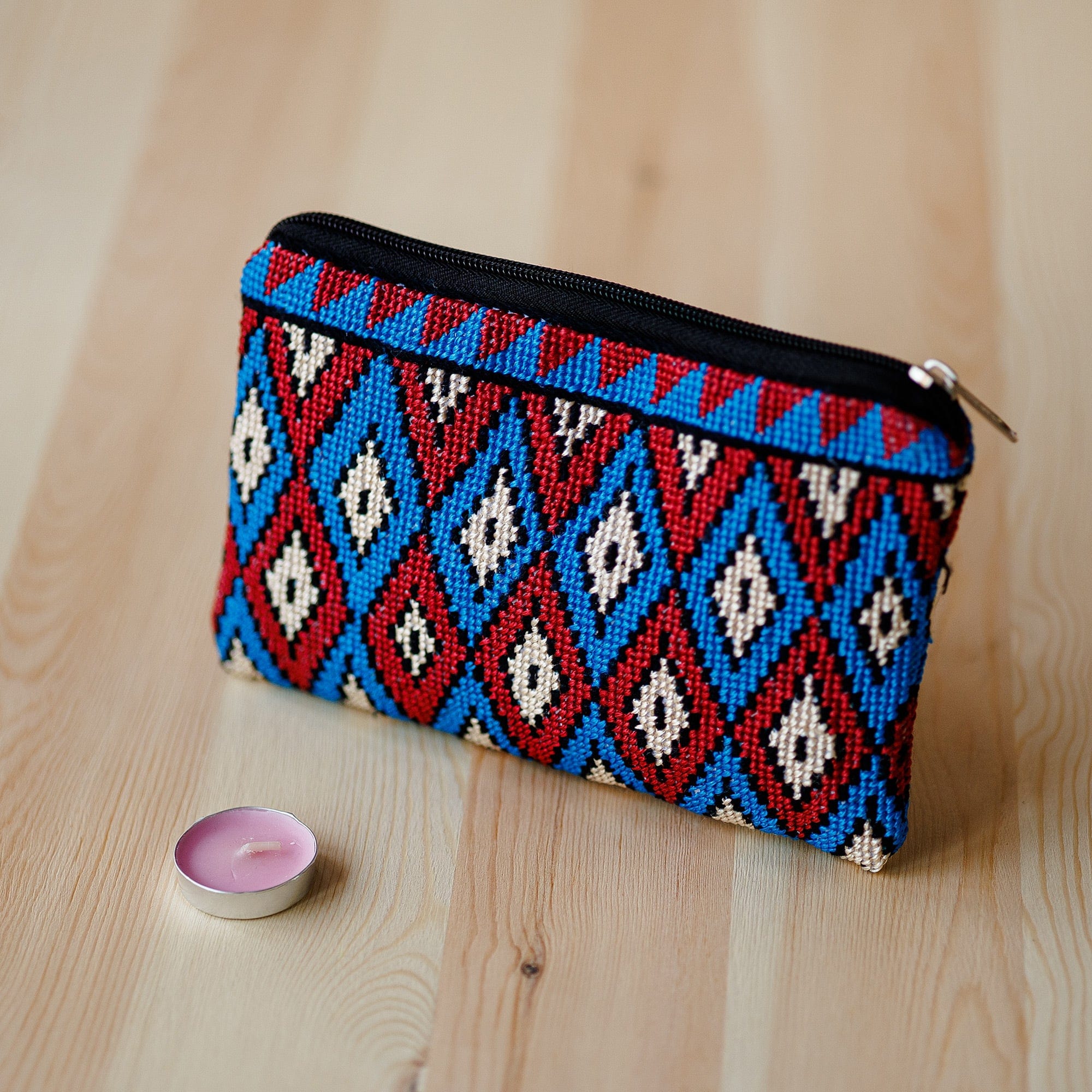 Geometric Patterned Embroidered Cosmetic Bag in Red and Blue - Paradise Geometry