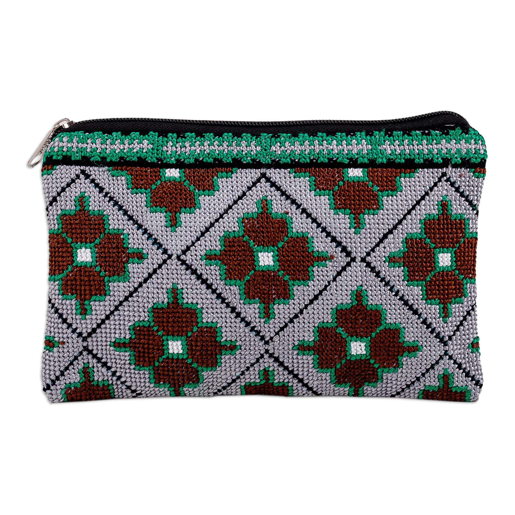 Floral Mosaic-Patterned Embroidered Cosmetic Bag in Grey - Mosaic Bouquet in Grey