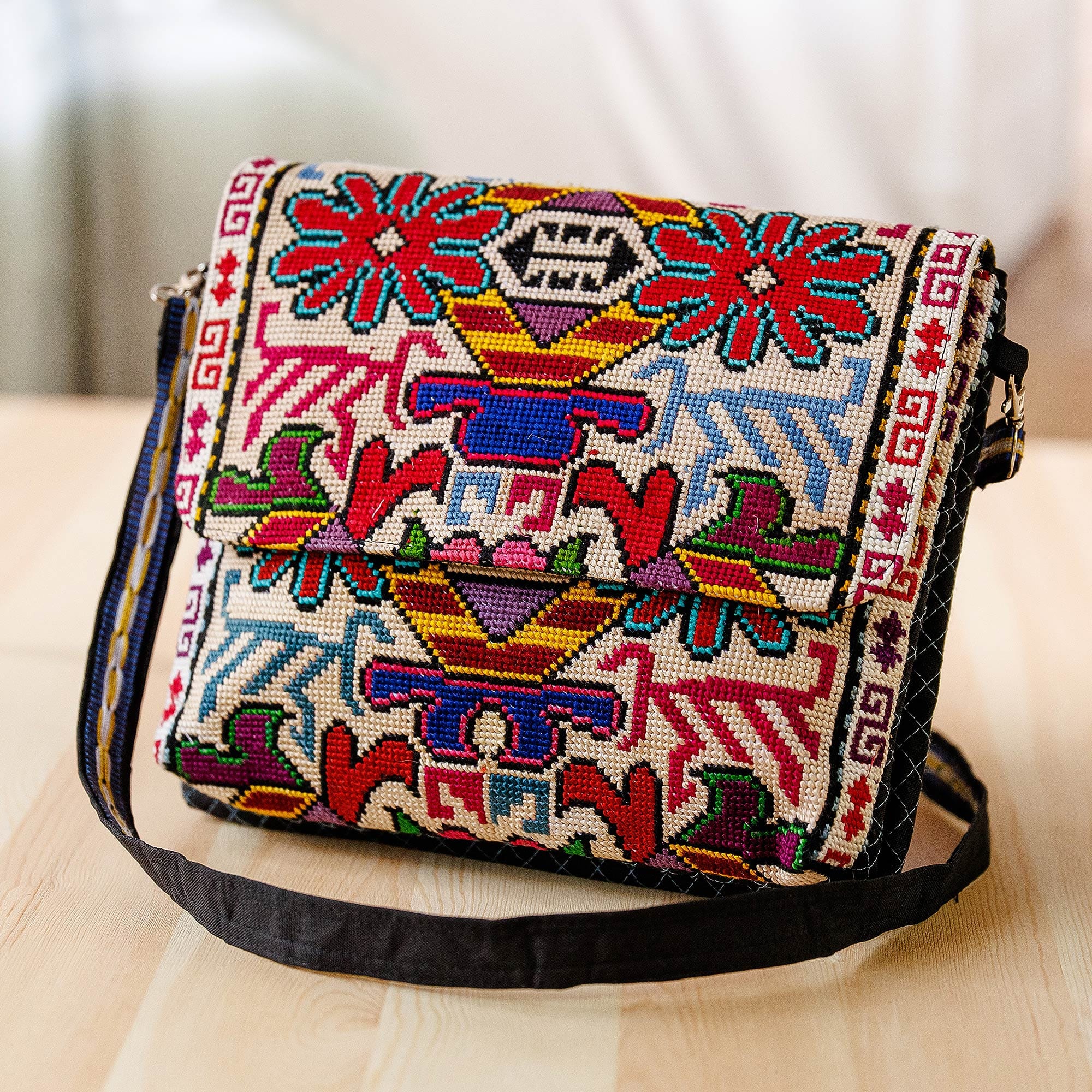 Floral Embroidered Viscose Sling Bag with Snap Flap Closure - Noble Miss