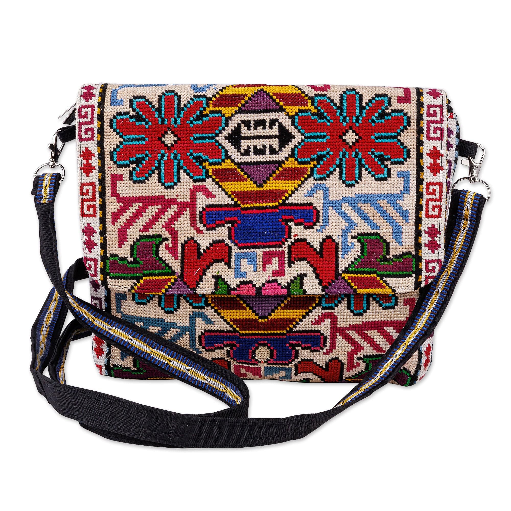 Floral Embroidered Viscose Sling Bag with Snap Flap Closure - Noble Miss
