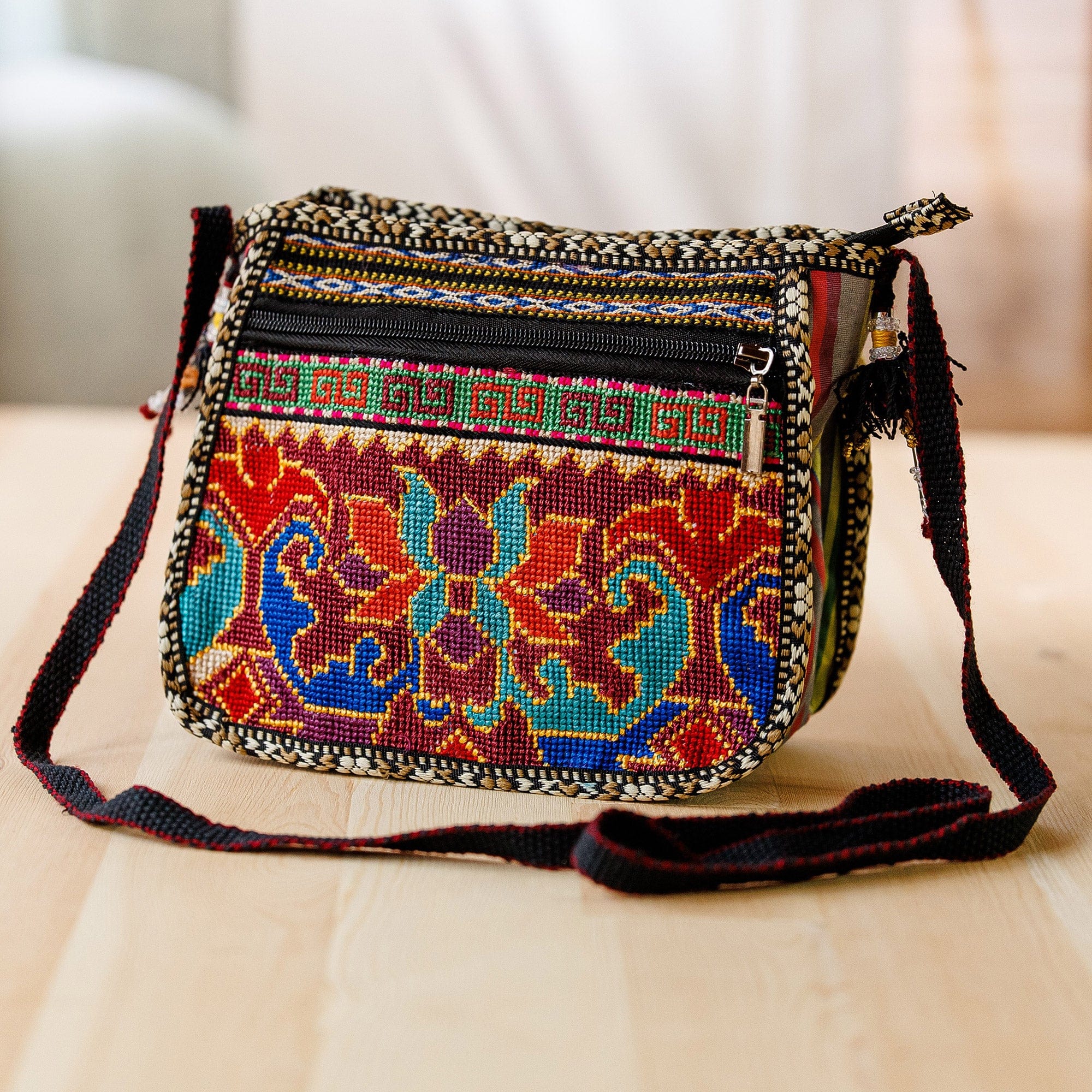 Classic Floral Embroidered Viscose Sling Bag in Warm Hues - Adventures in Uzbekistan