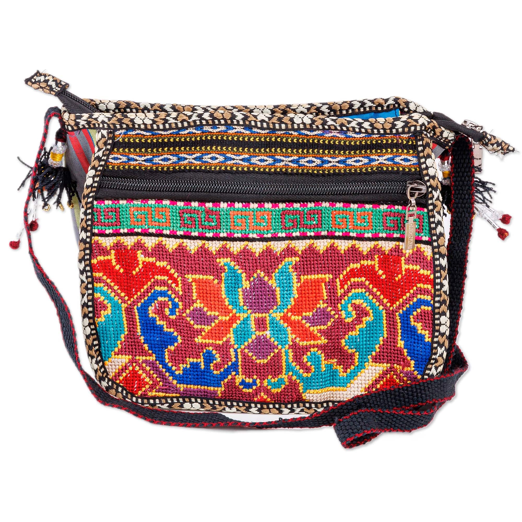 Classic Floral Embroidered Viscose Sling Bag in Warm Hues - Adventures in Uzbekistan