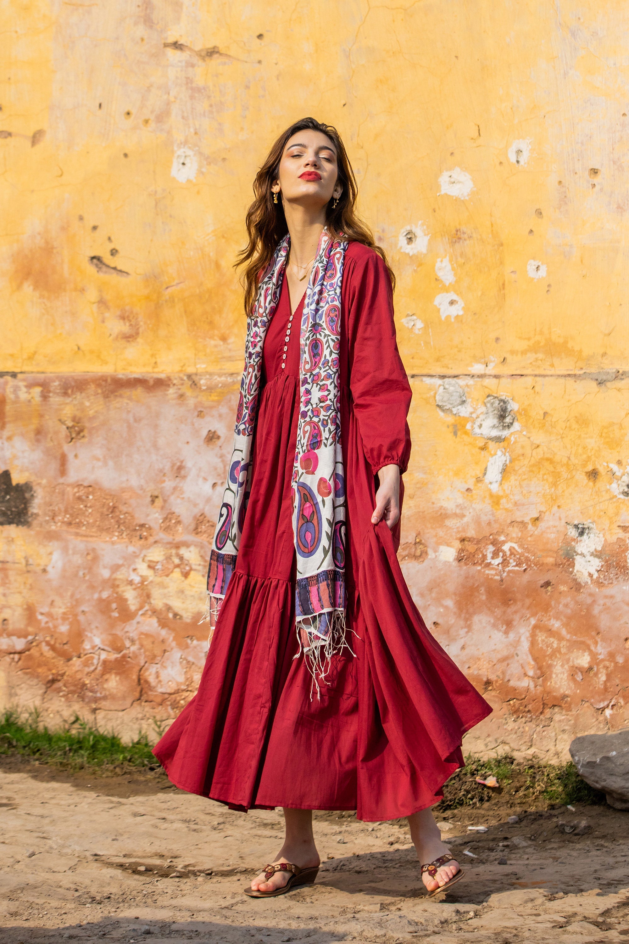 Relaxed Fit Long Sleeved Cotton Maxi Dress in Burgundy - Saving Grace in Pomegranate