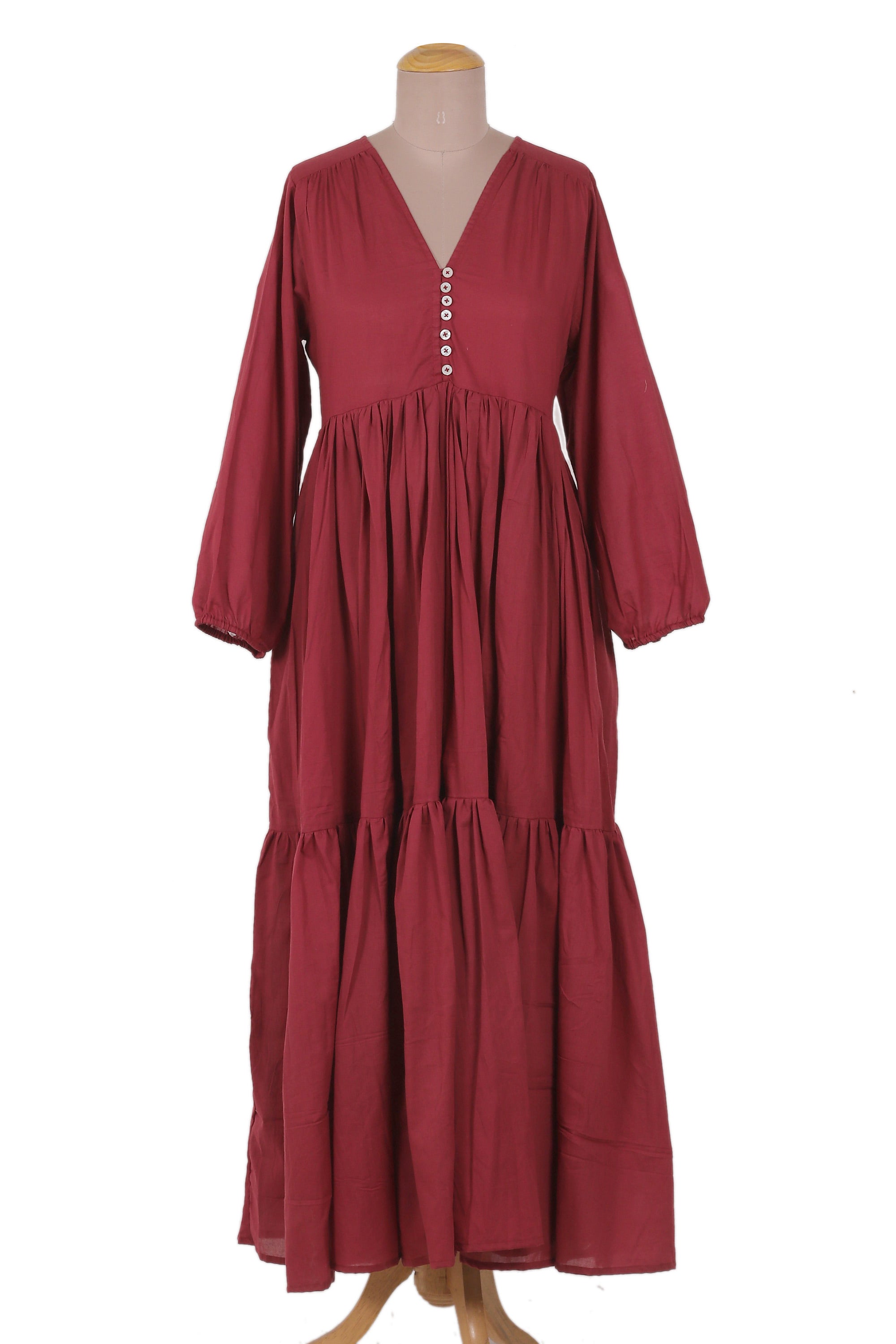 Relaxed Fit Long Sleeved Cotton Maxi Dress in Burgundy - Saving Grace in Pomegranate