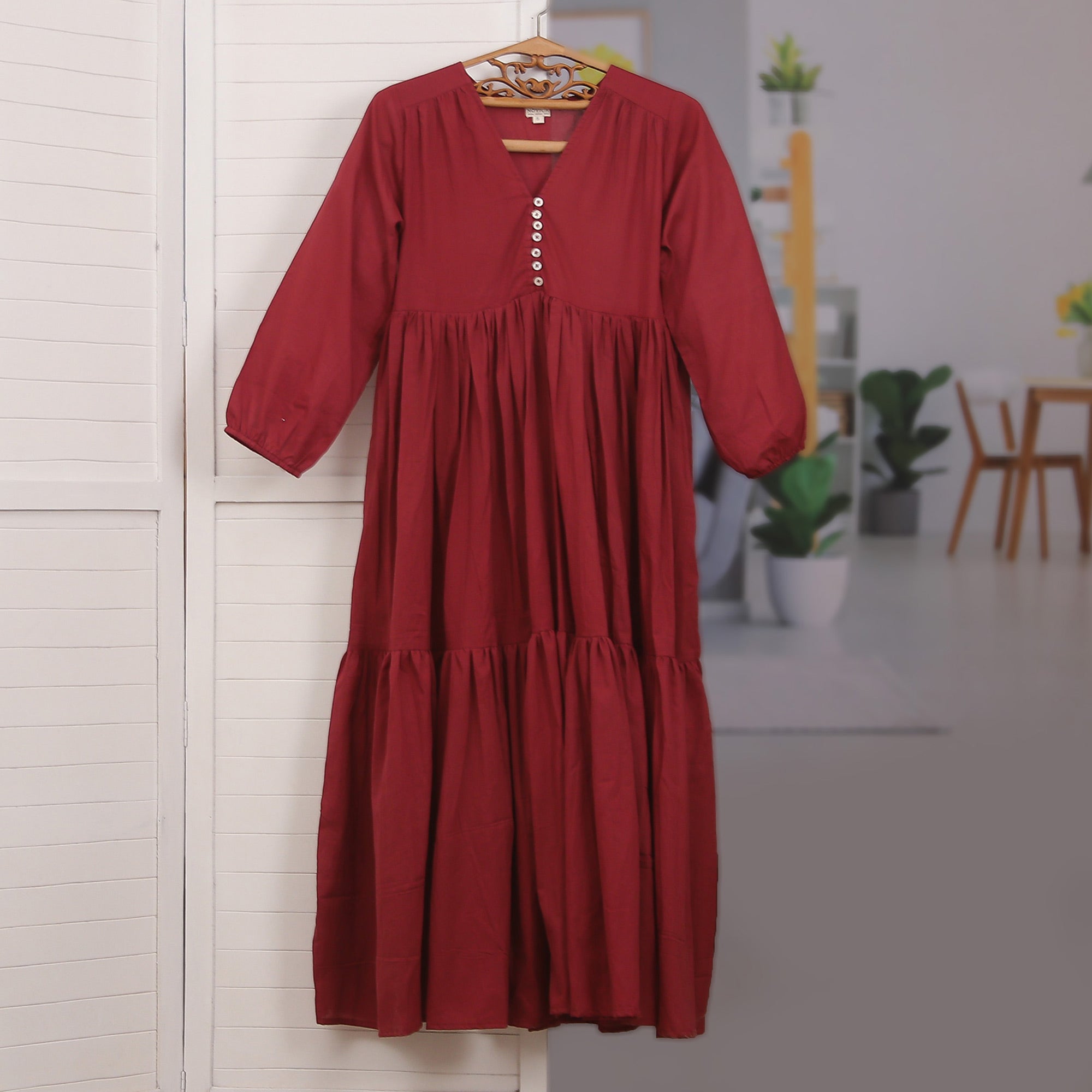 Relaxed Fit Long Sleeved Cotton Maxi Dress in Burgundy - Saving Grace in Pomegranate