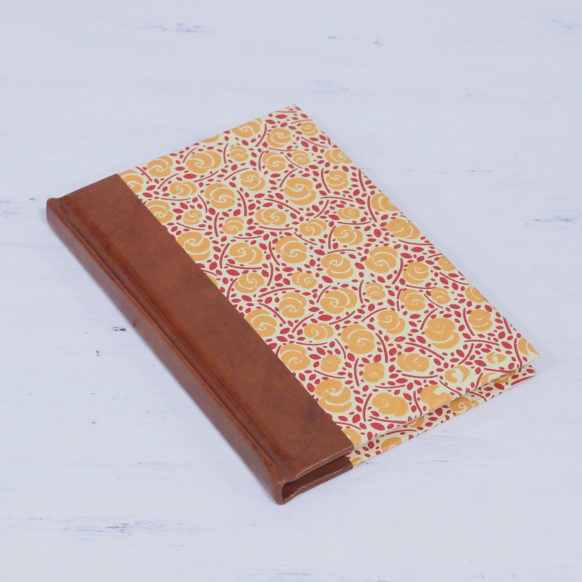 Handcrafted Floral Leather-Accented Journal from India - Sunny Blossoms