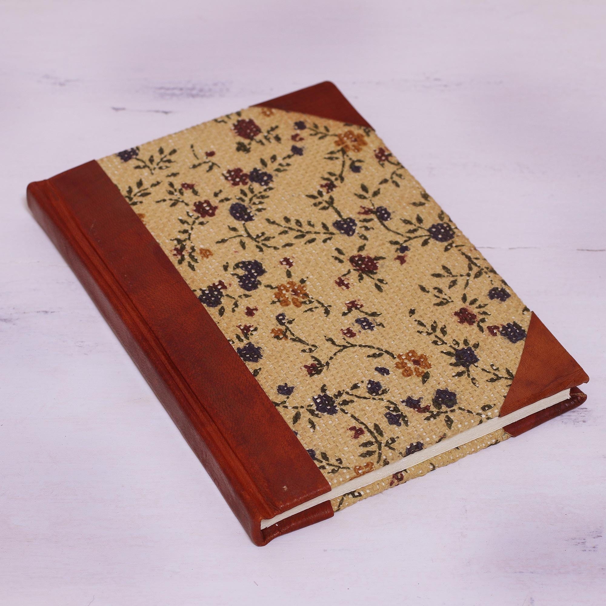 Handcrafted Floral Leather Accent Jute Journal from India - Flowering Memories