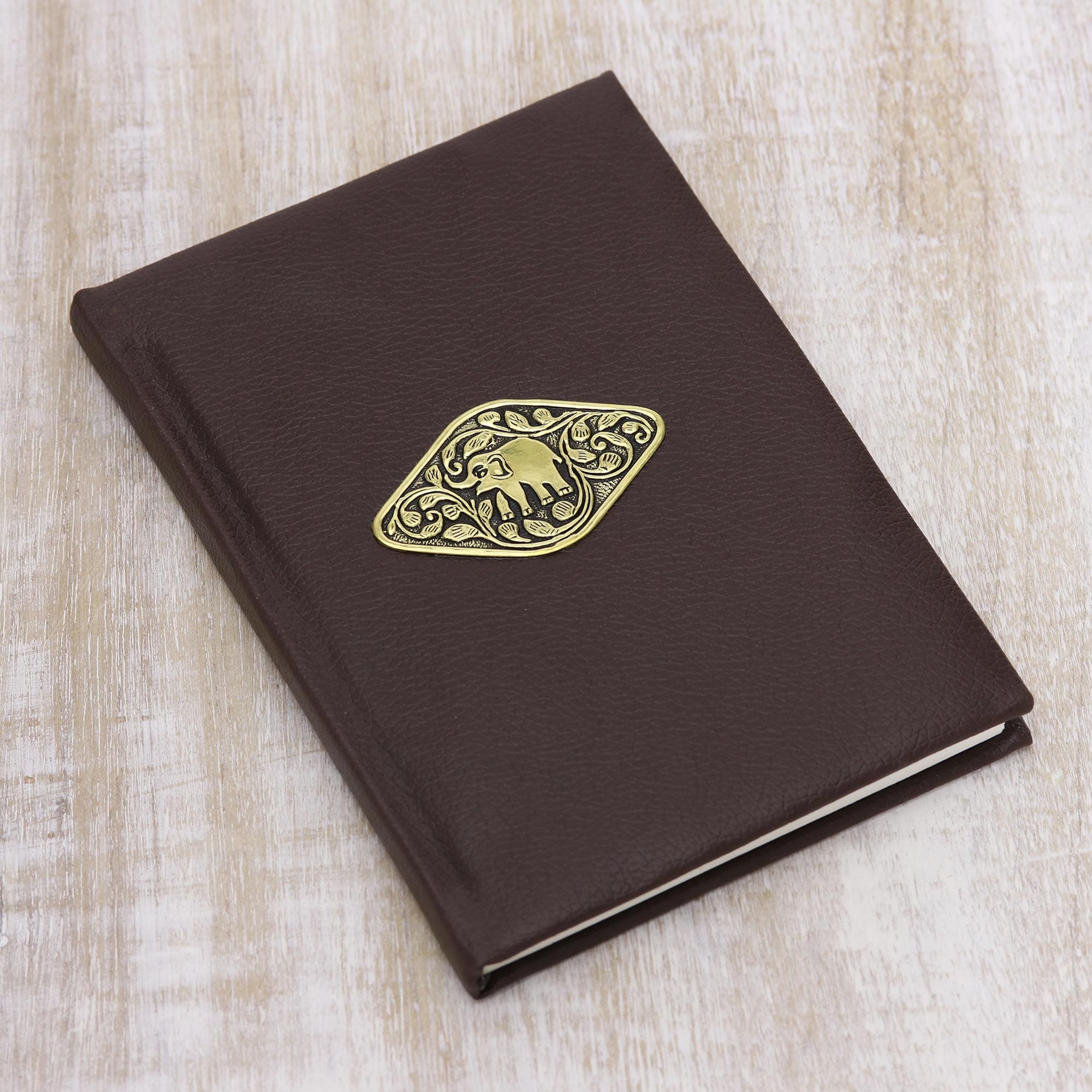 Brown Leather Elephant Emblem Journal with Handmade Paper - Golden Elephant