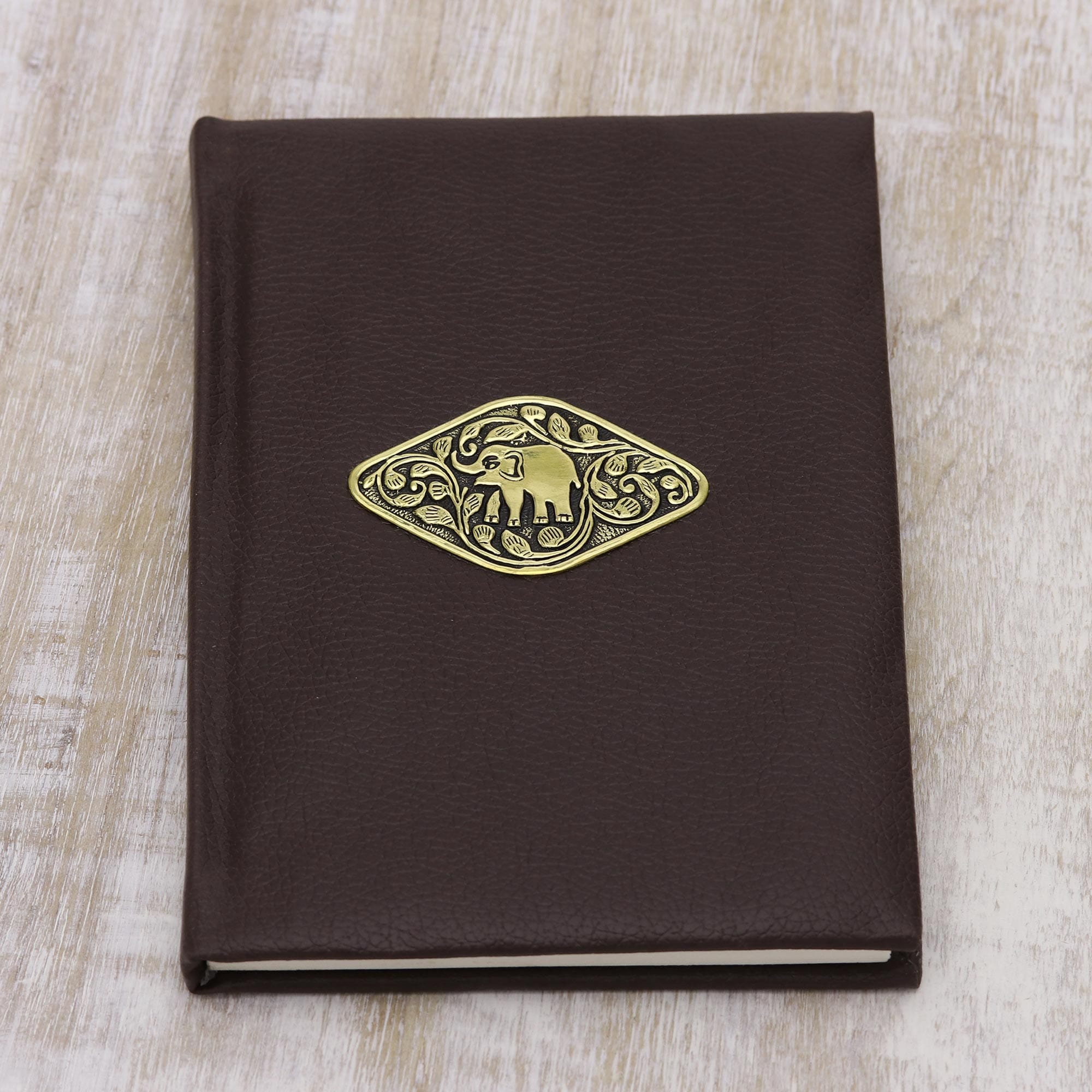 Brown Leather Elephant Emblem Journal with Handmade Paper - Golden Elephant