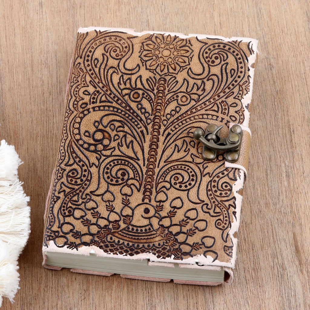 Embossed Cotton and Leather Peacock-Motif Journal - Peacock Glory