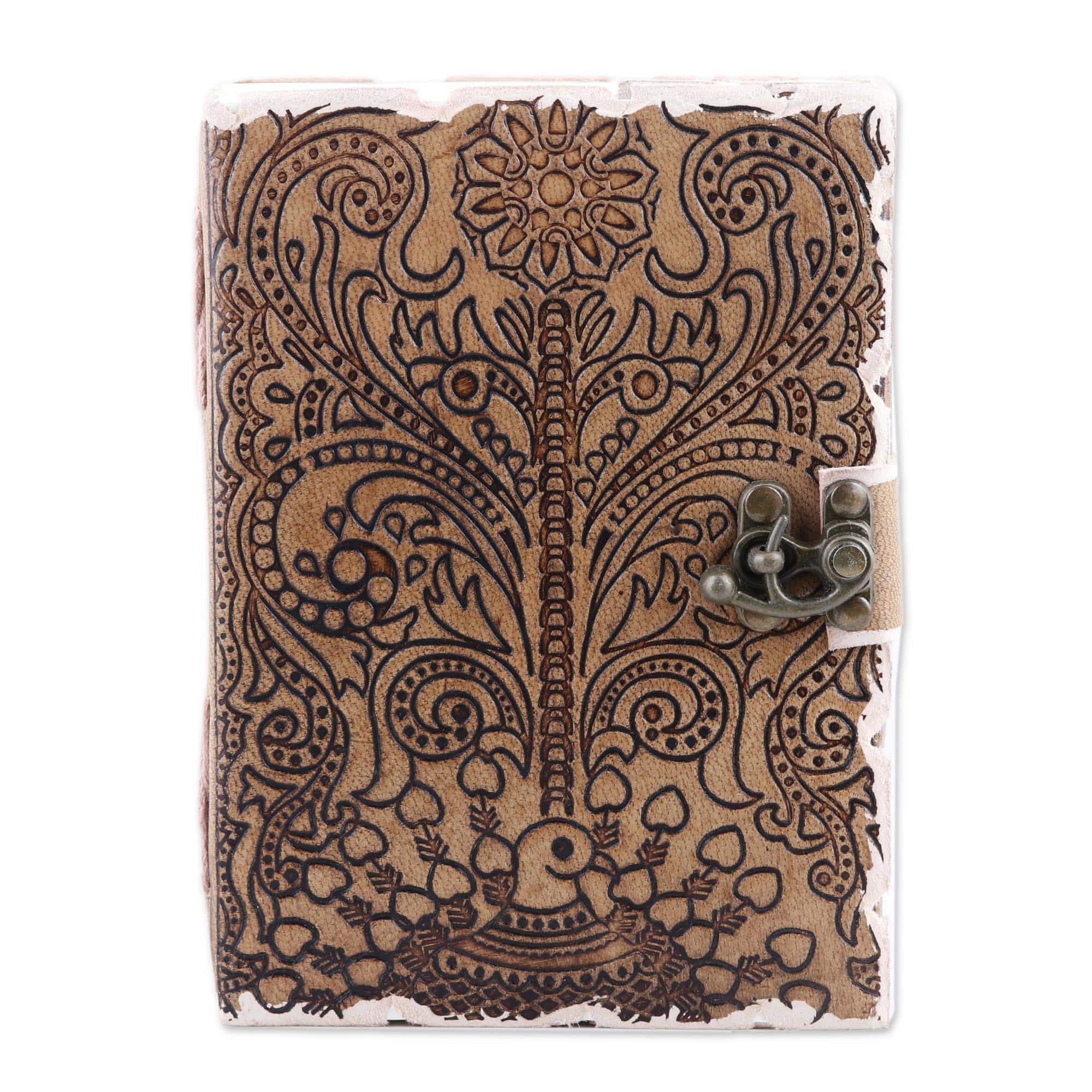Embossed Cotton and Leather Peacock-Motif Journal - Peacock Glory