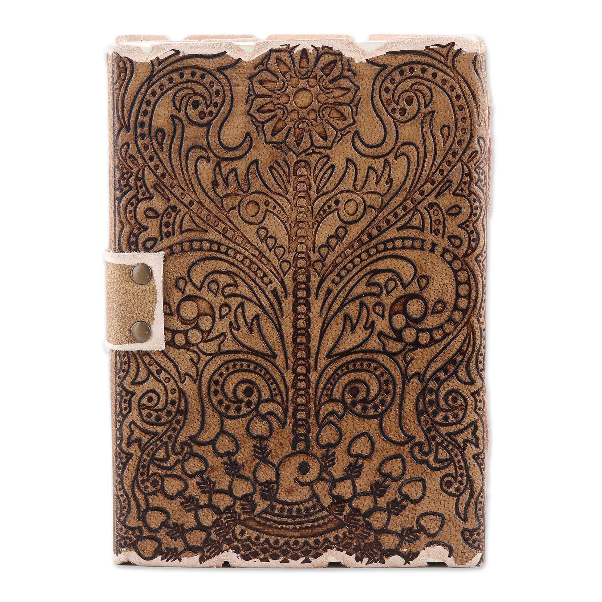 Embossed Cotton and Leather Peacock-Motif Journal - Peacock Glory
